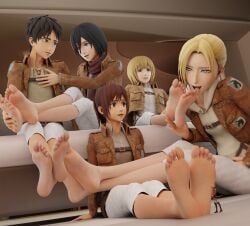 2boys 3d 3girls annie_leonhardt armin_arlert attack_on_titan eren_jaeger foot_fetish foot_in_mouth giantess grabbing_foot light-skinned_female light-skinned_male living_room male_feet male_foot_fetish mikasa_ackerman mrgtsfloop sasha_braus self_upload shingeki_no_kyojin shrunken_male size_difference sofa soles