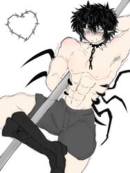 black_boots black_hair black_horns blush chain_around_neck grey_shorts heart knwives male muscular_male pole_dancing shirtless spiked_collar sweatdrop unknown_character