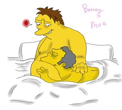 2boys afterglow barney_gumble bed blanket brown_hair chubby closed_eyes color content_smile erect_nipples gay gray_hair half-closed_eyes hand_on_back hand_on_belly human in_bed looking_at_partner male male_only moe_szyslak multiple_males no_visible_genitalia nude pleasure_face spoken_heart tagme the_simpsons yaoi yellow_skin