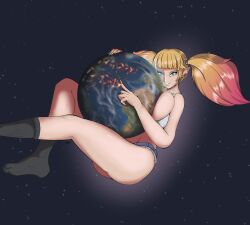 blonde_hair blue_eyes destruction earrings earth eule_(flanc20) female female_focus female_only giantess happy_birthday huge_breasts looking_at_viewer macro ntertainer planet pointy_ears socks solo space