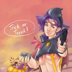 candy green_eyes gun halloween halloween_costume konoko oni_(game) pistol purple_hair trick_or_treat