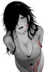 ahe_gao blood blood_on_arm blood_on_breasts blood_on_clothes blood_on_face blood_on_leg blurry bra bra_peek breasts cleavage collarbone collared_shirt corrupted_twitter_file cowboy_shot cum depth_of_field dress_shirt earrings eyelashes facial female from_above hair_down hair_over_one_eye hair_over_shoulder half-closed_eyes highres hyojin jewelry korean_commentary large_breasts long_hair long_sleeves looking_at_viewer looking_up messy_hair mole mole_on_breast mole_under_mouth monochrome no_pants one_eye_covered open_mouth original panties partially_unbuttoned purple_eyes shirt simple_background solo thigh_gap underwear v_arms