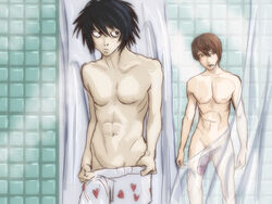 2boys artist_request death_note gay heart_boxers heart_underwear l_lawliet light_yagami male_only naked shower underwear_only yaoi