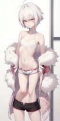 ai_generated bikini coat flat_chest microshorts pink_eyes short_hair skimpy tomboy white_hair