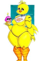 avian bib bird chica_(fnaf) classic_chica_(fnaf) cupcake cupcake_(fnaf) feathers five_nights_at_freddy's fnaf inkdweller purple_eyes tail tail_feathers yellow_body