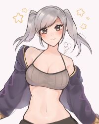 1girls bare_shoulders breasts camisole cleavage female female_only fire_emblem fire_emblem_awakening grey_background grey_eyes grey_hair highres jacket long_hair long_sleeves looking_at_viewer medium_breasts midriff navel nintendo open_clothes open_jacket purple_jacket purrlucii robin_(fire_emblem) robin_(fire_emblem)_(female) simple_background smile solo stomach swept_bangs twintails upper_body