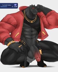 anatake anthro anthro_only balls big_penis black_body black_penis claws epic_games fortnite girthy_penis half-dressed lizard male_only mission muscular muscular_anthro muscular_legs muscular_male penis scalie squatting thunder_(fortnite) veiny_penis watch wolfblack2543