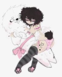 alfie_(knwives) arm_warmers back_tattoo black_fingernails black_hair cigarette cuddling dog_ears femboy glasses knwives large_stuffed_animal pink_eyes pink_thong small_tail thigh_tattoo thighhighs white_wings