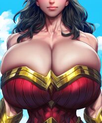 1girls ai_generated black_hair breast_focus breasts breasts_bigger_than_head bursting_breasts cattlec cleavage dc dc_comics gigantic_breasts head_out_of_frame huge_breasts round_breasts solo thin_waist wonder_woman wonder_woman_(series)