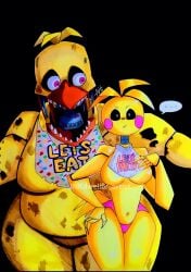 animatronic animatronic_female beak belly_button bib breasts chubby chubby_female five_nights_at_freddy's five_nights_at_freddy's_2 fnaf inkdweller midriff pink_eyes rosy_cheeks sharp_teeth toy_chica_(fnaf) withered_chica