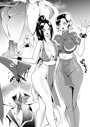 1boy 2girls ass ass bare_arms bare_legs bare_shoulders bare_thighs big_ass big_breasts big_butt black_and_white blush chun-li female female_focus hi_res king_of_fighters kissing kissing large_breasts light-skinned_female light_skin long_hair looking_at_viewer looking_pleasured mai_shiranui male male/female open_mouth pleasure_face sagattoru saliva sex_toy street_fighter sweat tagme thick_thighs tongue tongue_kiss tongue_out