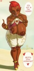 big_breasts breath_of_the_wild dark-skinned_female dark_skin gerudo green_eyes lactating lactation large_breasts lifting_shirt looking_at_viewer muscular muscular_female randomboobguy red_hair risa_(legend_of_zelda) the_legend_of_zelda wide_hips wide_thighs