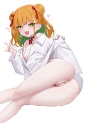 \n/ anus ass bare_legs bell blush breasts choker cute_fang double_bun female green_eyes green_hair hair_bun hair_ribbon heart heart-shaped_pupils highres indie_virtual_youtuber looking_at_viewer multicolored_hair neck_bell nipples nujig open_mouth orange_hair pussy red_choker ribbon ribbon_choker shirt simple_background small_breasts solo symbol-shaped_pupils tamura_mikan two_tone_hair uncensored virtual_youtuber white_background white_shirt