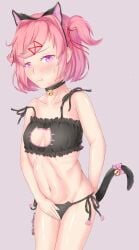 1female 1girls artist_name bell bell_collar blush blush_lines blushing bow cat_cutout cat_ears cat_keyhole_bra cat_keyhole_lingerie cat_tail cleavage cleavage_cutout collar collar_bell collarbone doki_doki_literature_club ear ears fake_cat_ears fake_cat_tail female female_focus female_only girl keyhole_bra light_blush natsuki_(doki_doki_literature_club) navel pink_bow pink_eyes pink_hair shizenreborn solo solo_female solo_focus tail