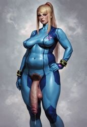 ai_generated briang1748 futanari looking_at_viewer metroid muscular nintendo pubic_hair samus_aran simple_background steam thick_thighs zero_suit zero_suit_samus