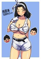 1girls 2boys 2chibis big_breasts black_hair bronze_demon cleavage female jin_kazama jun_kazama kazama_jin kazama_jun kazuya_mishima milf namco short_shorts tekken tekken_2 tekken_8 tekken_tag_tournament tekken_tag_tournament_2 top