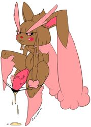 blush brown_fur clothes color fur furry furry_ears furry_tail long_ears lopunny male male_lopunny male_only male_pokemon nintendo open_eyes penis pink_eyes pokémon_(species) pokemon pokemon_(species) shiny_pokemon solo tail thong topless white_background zeeman