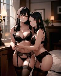 2girls ai_generated ai_mirror bed bedroom belly_button black_hair black_lingerie blush brown_eyes curtains flower_pot hug lamp lingerie long_hair looking_at_viewer looking_nervous picture_on_wall plant small_breasts smile standing stockings together white_skin window wooden_table