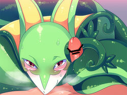 blush breath censored erection furry green_skin looking_at_viewer nintendo penis pokemon pokephilia pov red_eyes serperior shisyonemu smile sweat tailjob