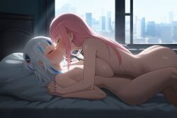 2girls ai_generated breasts gawr_gura_(1st_costume) hair hololive hololive_english hololive_myth kissing mori_calliope nipples nude pink_hair virtual_youtuber white yuri