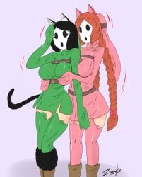 black_hair breast_grab cat_ears cat_girl cat_tail female female_only femdom femsub hypnotized_hypnotist kya_(nazwa) mario_(series) mask mid-transformation multiple_girls nintendo orange_hair original shy_gal shygalization transformation viltai_(viltai) zronku