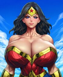 ai_generated black_hair breasts bulging_breasts cattlec cleavage collarbone dc dc_comics huge_breasts looking_at_viewer massive_breasts solo thin_waist wonder_woman wonder_woman_(series)