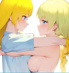 ai_generated blue_eyes embarrassed_nude_female femboy hugging lia light_hair no_nipples nude_female yellow_hair