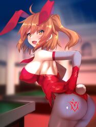 1girls ahoge areola_bulge ass ass_tattoo back breasts bunny_costume bunny_ears bunny_girl bunny_tail bunnysuit clothed fate/grand_order fate_(series) female_focus fishnets fujimaru_ritsuka_(female) gloves heavenly_ass legwear nipple_bulge okuri_banto open_mouth orange_eyes orange_hair playboy_bunny ponytail side_ponytail solo solo_focus tattoo thighs