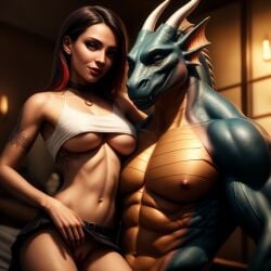 ai_generated anthro anthro_dragon anthro_male aroused_smile athletic_female bedroom_eyes black_hair choker crop_top disharmoniaai dragon dragon_male duo female_human human human_female human_on_anthro human_x_anthro humanxanthro interspecies looking_at_viewer makeup male_dragon miniskirt miniskirt_lift muscular_anthro muscular_male naughty_face pose pussy red_highlights romantic romantic_ambiance romantic_couple seductive showing_pussy slim_female slim_waist tattoo tattoos three-quarter_portrait three-quarter_view underboob