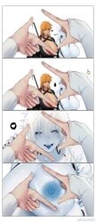 2girls bleach blue_nipples busty cleavage comic genderswap_(mtf) grey_skin hollow_(species) hollow_ichigo huge_breasts ichigo_kurosaki k4onozeda04 kuchiki_byakuya multiple_girls rule_63 tongue_out white_hair zangetsu zanpakutou_spirit