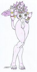 1girls anthro belladonna_(trials_of_mana) big_breasts big_hips black_nipples black_nose bracelet claws earrings fangs furry gold_(metal) gold_jewelry jewelry marlon64 naked_female naked_jewelry neckwear nipple_piercing orange_eyes purple_fur purple_hair purple_nails rings traditional_drawing_(artwork) trials_of_mana white_background white_fur