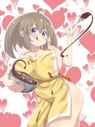 1girls :q ahoge apron bangs blue_eyes blush bowl breasts brown_hair chocolate chocolate_on_body chocolate_on_breasts cleavage collarbone covered_nipples food_on_body heart heart_background holding holding_bowl huge_breasts large_breasts looking_at_viewer marvelous minori_(senran_kagura) mixing_bowl nagashima_l naked_apron senran_kagura senran_kagura_(series) shortstack smile solo spatula tongue tongue_out twintails valentine valentine's_day whisk white_background yellow_apron