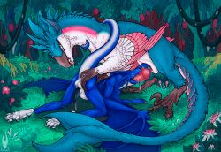 absurd_res anal anal_fingering anthro anthro_on_feral anthro_penetrated anus balls blue_body blue_feathers blue_scales bodily_fluids dinosaur dragon dromaeosaurid duo erection feathered_dinosaur feathers feral feral_penetrating feral_penetrating_anthro fingering firael firondraak genital_fluids genitals grass hi_res knot male male/male mythological_creature mythological_scalie mythology oral penetration penis pink_body pink_feathers plant reptile ryke_sellwing scales scalie sex slit tailbutt teeth theropod velociraptor white_body white_scales zoophilia