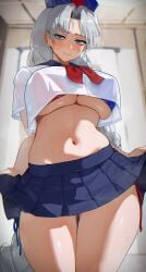 1girls =_= alternate_costume blue_eyes blue_sailor_collar blue_skirt blush bra breasts crop_top crop_top_overhang curtsey eirin_yagokoro embarrassed fake_smile grey_hair half-closed_eyes hat hi_res high_resolution highres hizake huge_breasts kashu_(hizake) large_breasts long_hair looking_aside mature_female microskirt midriff midriff_baring_shirt miniskirt navel neckerchief nurse_cap pleated_skirt red_neckerchief sailor_collar school_uniform see-through see-through_clothing serafuku skirt solo stomach sweaty sweaty_body thick_thighs touhou two-tone_bikini unamused underboob wide_hips