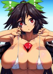 absurdres arms_up bikini bikini_pull bird_wings black_hair black_wings bow breasts clothes_pull commentary_request female green_bow hairbow highres hodara_kika long_hair looking_at_viewer massive_breasts micro_bikini open_mouth ponytail radiation_symbol red_eyes reiuji_utsuho solo swimsuit third_eye touhou upper_body utsuho_reiuji white_bikini wings