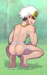 1boy armpit_hair ass bags_under_eyes big_smile biting_tongue black_underwear broly_culo bulge chain_necklace chains closed_eyes feet gay glasses glasses_on_head gold_jewelry guzma_(pokemon) human jockstrap looking_back male male_focus male_only messy_hair naked_male nude nudity outdoors outside partially_clothed pokemon pokemon_sm pubic_hair public public_nudity screenshot_background simple_background smile sole_male soles solo solo_male spicyramen squatting sunglasses sunglasses_on_head teeth teeth_showing tongue underwear underwear_only white_hair white_pubic_hair