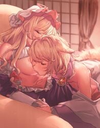 2girls animal_ears bare_shoulders blonde_hair blush breasts brooch closed_eyes commentary curtains fox_ears gloves hat hat_ribbon highres holding_hands indoors jewelry large_breasts licking licking_breast long_hair masanaga_(tsukasa) mature_female milf mob_cap multiple_girls no_headwear older_female pink_ribbon ran_yakumo ribbon short_hair tongue tongue_out touhou white_gloves white_headwear yakumo_ran yakumo_yukari yukari_yakumo yuri