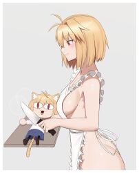 2girls absurdres ahoge antenna_hair apron arcueid_brunestud ass ass_focus bare_shoulders big_ass blonde_hair blush bottom_heavy breasts cat_ears cat_girl catgirl chibi cleavage collarbone cutting_board dual_persona from_side grey_background highres holding holding_knife huge_ass implied_nudity kitchen_knife knife large_ass large_breasts looking_at_another melty_blood meph1l mephi naked_apron neco-arc nude nude_female profile red_eyes short_hair side_view sideboob simple_background smile tsukihime tsukihime_(remake) upper_body white_apron