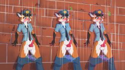 absurd_res alorix animal_genitalia animal_humanoid animal_penis anthro blush bottomwear bottomwear_down brick_wall canid canid_humanoid canine canine_genitalia canine_humanoid canine_penis clothed clothing colored_outline concept_art fox fox_humanoid futanari genitals gynomorph hat headgear headwear hi_res humanoid intersex knot leaning_on_wall mammal mammal_humanoid missing_tail necktie panties pants pants_down partially_clothed penis police_hat police_officer police_uniform policewoman raining shirt solo topwear underwear uniform wall_(structure)