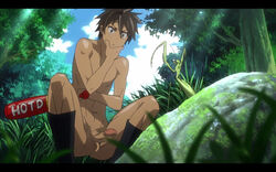 1boy ass baseball_bat black_socks brown_eyes brown_hair butt edit forest forest_background gay grass hand_on_chin highschool_of_the_dead male male_focus male_only mantis nude penis praying_mantis rock socks solo squat squatting takashi_komuro thinking uncensored yaoi