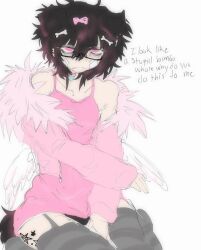 alfie_(knwives) annoyed black_hair dog_ears dog_tail femboy knwives pink_eyes pink_hoodie pink_tank_top text thighhighs