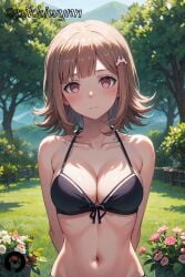 ai_generated arms_behind_back bangs bare_arms bare_shoulders bikini black_bikini blush breasts brown_eyes brown_hair cleavage closed_mouth collarbone danganronpa danganronpa_2:_goodbye_despair day female female_focus female_only flipped_hair flower front-tie_bikini_top front-tie_top hair_ornament halterneck large_breasts looking_at_viewer medium_hair mole nanami_chiaki navel outdoors pikkiwynn pink_eyes solo stomach swimsuit tree upper_body