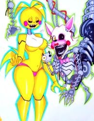 belly_button bikini_bottom breasts feathers five_nights_at_freddy's five_nights_at_freddy's_2 fnaf inkdweller mangle_(fnaf) mangled_mangle_(fnaf) navel pink_panties sharp_teeth tail thick_thighs thighs toy_chica_(fnaf) yellow_body