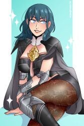 1girls ass big_ass blue_background blue_eyes breasts byleth_(fire_emblem) byleth_(fire_emblem)_(female) dangerousbride female female_only fire_emblem fire_emblem:_three_houses large_breasts leggings medium_hair nintendo pantyhose shorts simple_background smile solo teal_hair thick_thighs