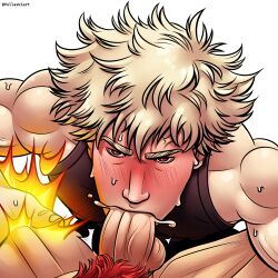 aged_up asian_male bakugou_katsuki blowjob blush face_closeup gay hairy_penis japanese katsuki_bakugou kirishima_eijirou muscles my_hero_academia pullaskiart spiked_hair sucking_penis