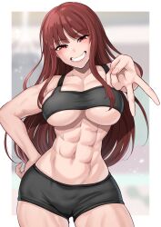 1girls abs absurd_res blush breasts grin harurukan hi_res large_breasts looking_at_viewer matching_hair/eyes muscular muscular_female navel original parted_lips red_eyes red_hair short_shorts skimpy underboob