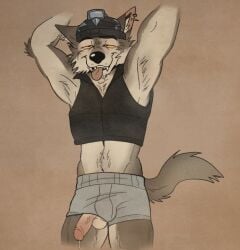 2024 anthro astrayd0g balls balls_through_leghole black_clothing black_hat black_headwear black_nose black_topwear black_vest blue_briefs blue_clothing blue_underwear bodily_fluids briefs brown_background brown_body brown_ears brown_fur brown_theme canid canine canis clothed clothed_anthro clothed_male clothing countershading ear_piercing epic_games fangs fortnite front_view fur genital_fluids genitals glans hat headgear headwear inner_ear_fluff male mammal multicolored_body multicolored_fur orange_sclera penis penis_poking_out penis_through_leghole piercing pink_glans pink_inner_ear pink_penis portrait precum raised_arm raised_arms simple_background smile solo standing tan_balls tan_body tan_countershading tan_fur tan_inner_ear_fluff teeth three-quarter_portrait tongue tongue_out topwear tuft two_tone_body two_tone_fur underwear vein veiny_penis vest wendell_(fortnite) wolf