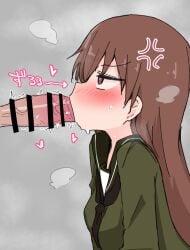 1boy ame_(amechan17391739) anger_vein angry blush brown_eyes brown_hair fellatio female grey_background highres kantai_collection long_hair male male/female ooi_(kantai_collection) oral penis school_uniform serafuku simple_background solo_focus steam steaming_body straight