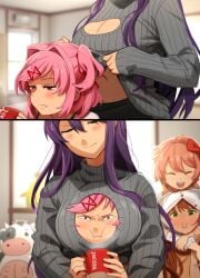 4girls blush boob_window doki_doki_literature_club female female_only human khyleri long_hair monika_(doki_doki_literature_club) multiple_girls natsuki_(doki_doki_literature_club) nescafe pink_hair purple_hair sayori_(doki_doki_literature_club) sharing_clothes short_hair trapped_in_clothing turtleneck yuri yuri_(doki_doki_literature_club)