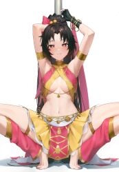 1girls absurdres alaskastomatoez armpits arms_behind_head arms_up bare_shoulders barefoot black_gloves black_hair bracelet breasts brown_eyes cleavage_cutout clothing_cutout commission dancer dancer_outfit earrings female female_only fingerless_gloves fire_emblem fire_emblem:_thracia_776 full_body gloves hair_ribbon heart heart-shaped_pupils highres hoop_earrings jewelry lara_(fire_emblem) long_hair looking_at_viewer medium_breasts multicolored_clothes multicolored_skirt navel nintendo parted_bangs parted_lips pixiv_commission pole pole_dancing ponytail red_eyes ribbon seductive_smile skirt smile solo spread_legs squatting stomach symbol-shaped_pupils underboob_cutout white_background